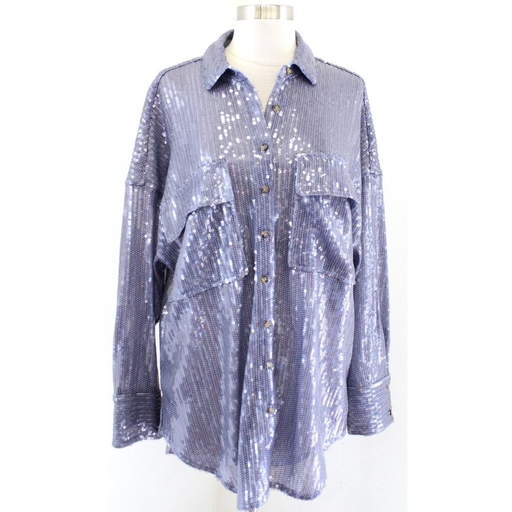 NWT Pilcro Anthropologie Dusty Blue - Purple Sequin Button Front Shirt Blouse S